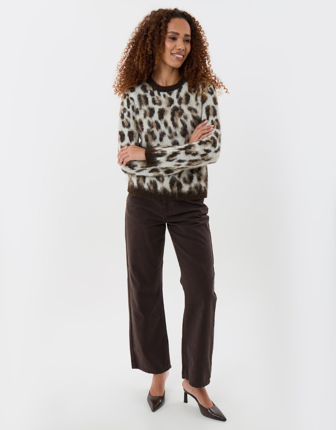Brushed Knit Crew Neck Jumper in Leopard Print