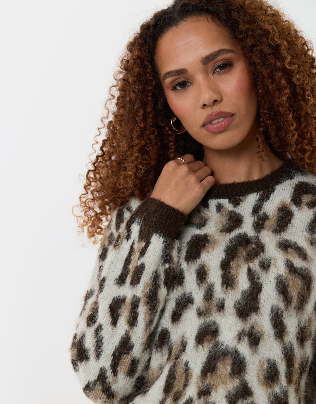 Brushed Knit Crew Neck Jumper in Leopard Print