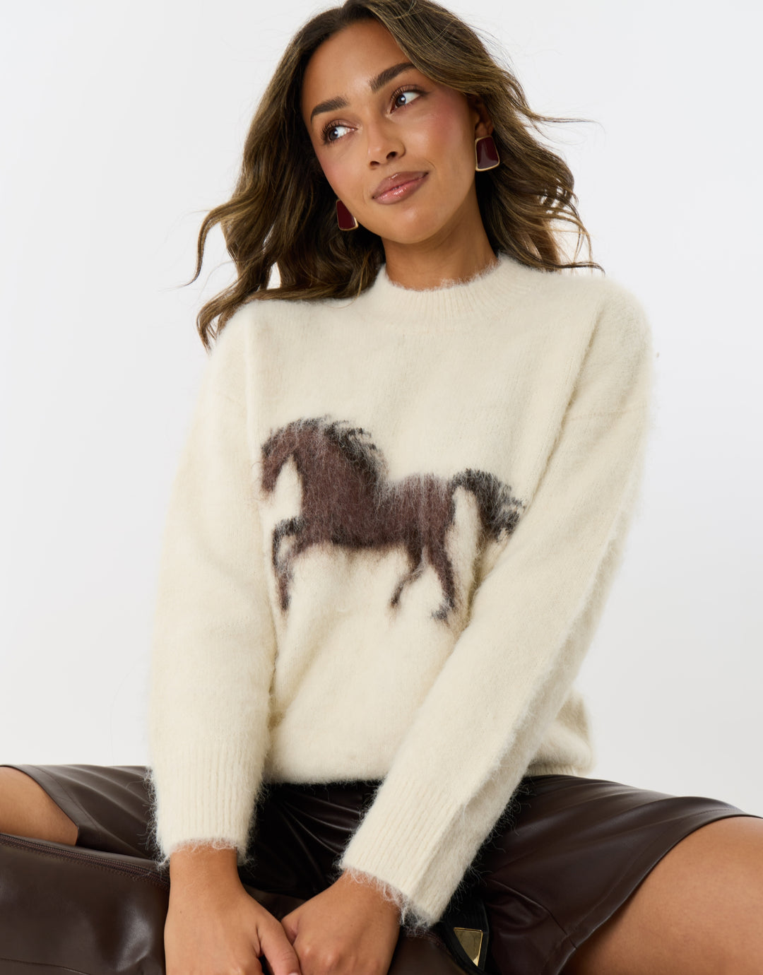 Wool Blend Horse Detail Jumper in Ecru