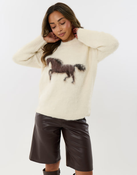 Threadbare Wool Blend Horse Detail Jumper in Ecru - posed front view