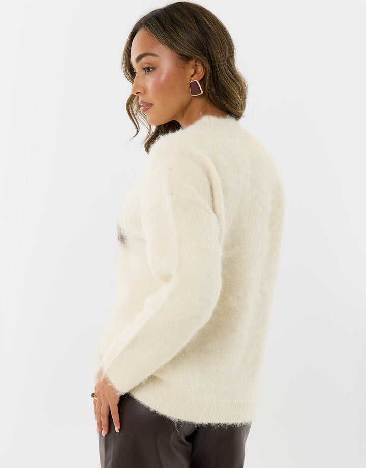 Wool Blend Horse Detail Jumper in Ecru