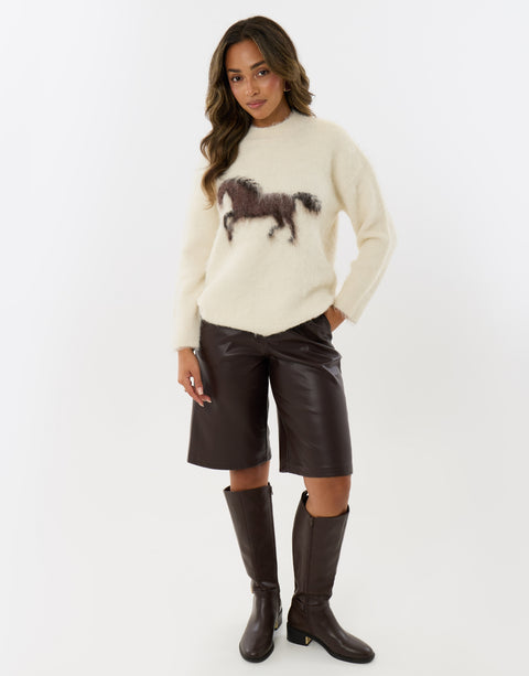 Threadbare Wool Blend Horse Detail Jumper in Ecru - full view