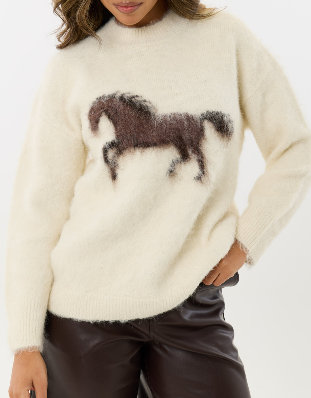 Wool Blend Horse Detail Jumper in Ecru