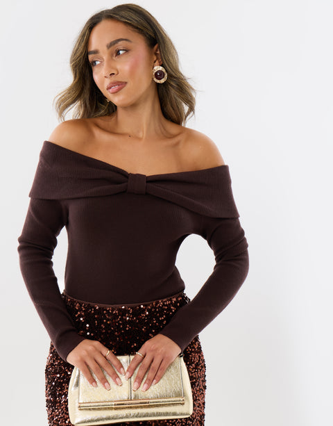 Threadbare Ribbed Bow Detail Bardot Jumper in Chocolate Brown -  front view