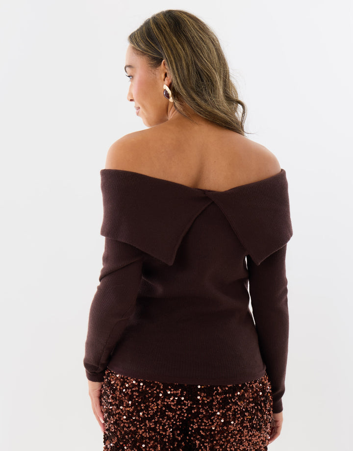Threadbare Ribbed Bow Detail Bardot Jumper in Chocolate Brown - back view