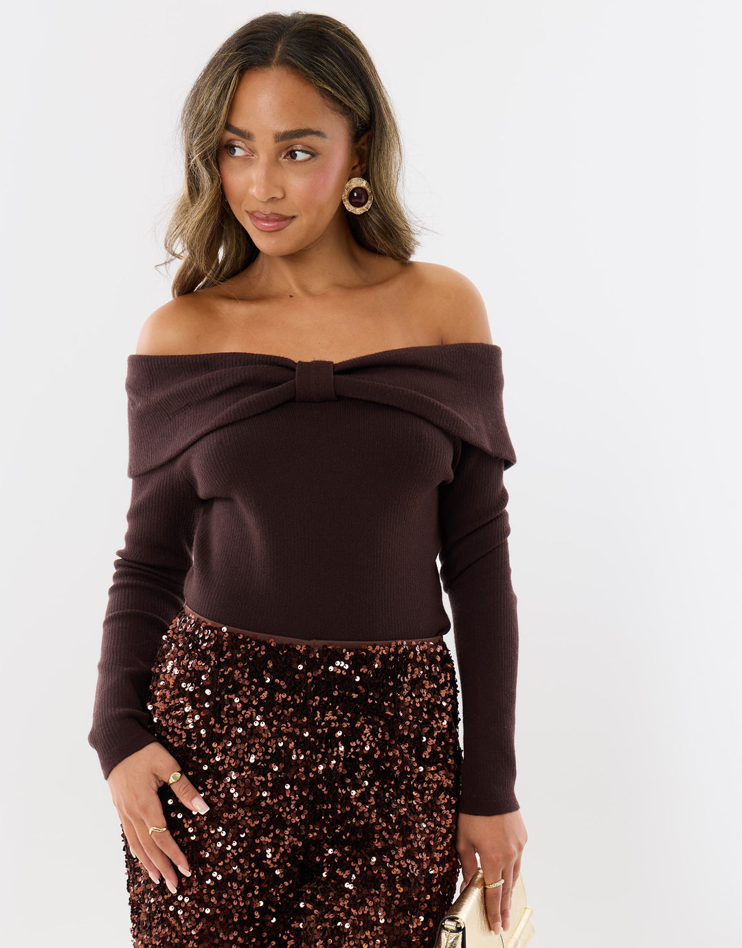 Threadbare Ribbed Bow Detail Bardot Jumper in Chocolate Brown - hand on hip front view