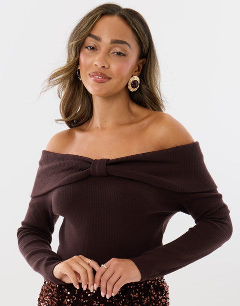 Threadbare Ribbed Bow Detail Bardot Jumper in Chocolate Brown - close up