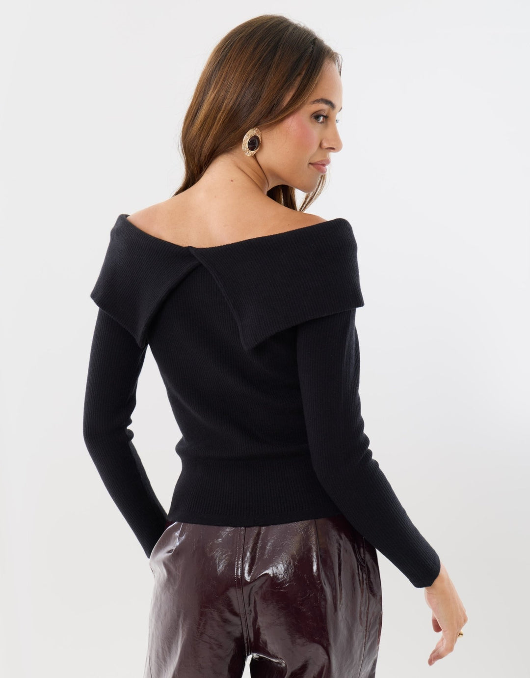 Ribbed Bow Detail Bardot Jumper in Black