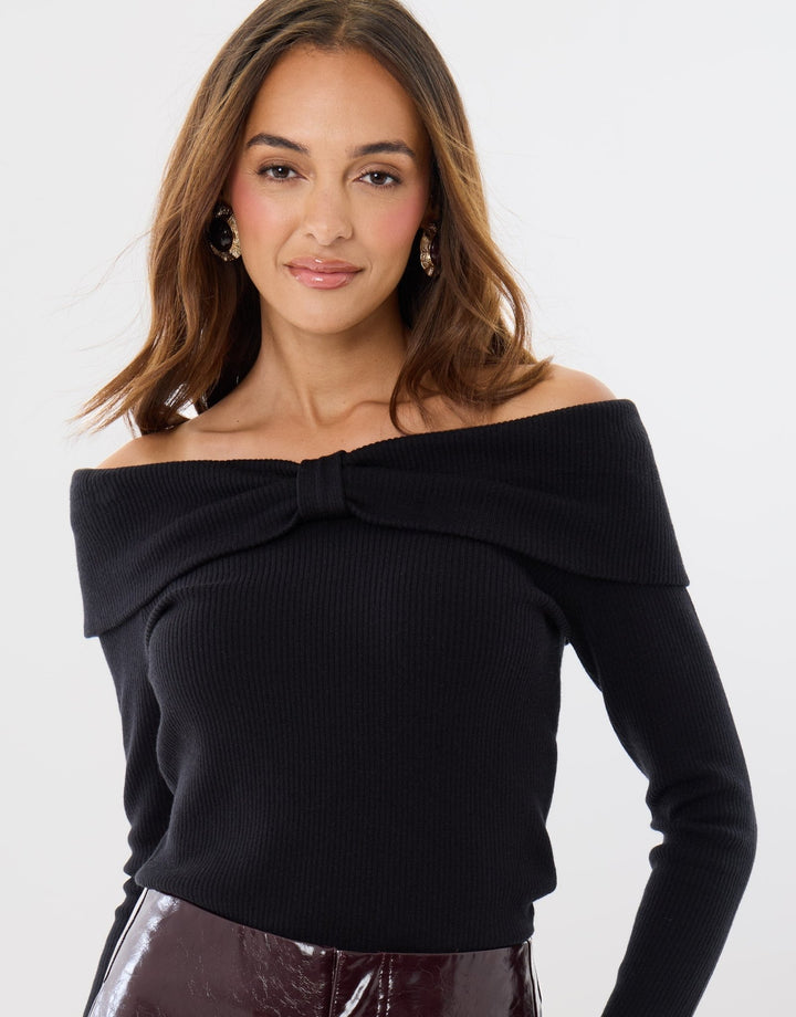 Ribbed Bow Detail Bardot Jumper in Black