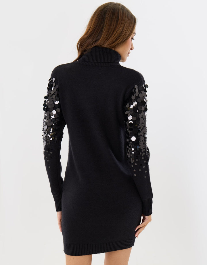 Funnel Neck Jumper Dress with Sequin Sleeves in Black