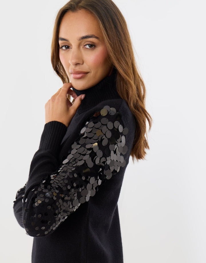 Funnel Neck Jumper Dress with Sequin Sleeves in Black