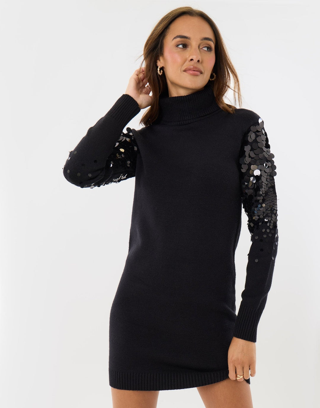Funnel Neck Jumper Dress with Sequin Sleeves in Black