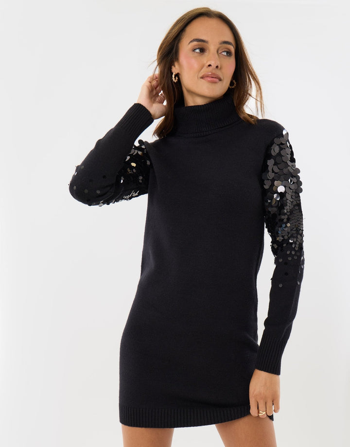 Funnel Neck Jumper Dress with Sequin Sleeves in Black