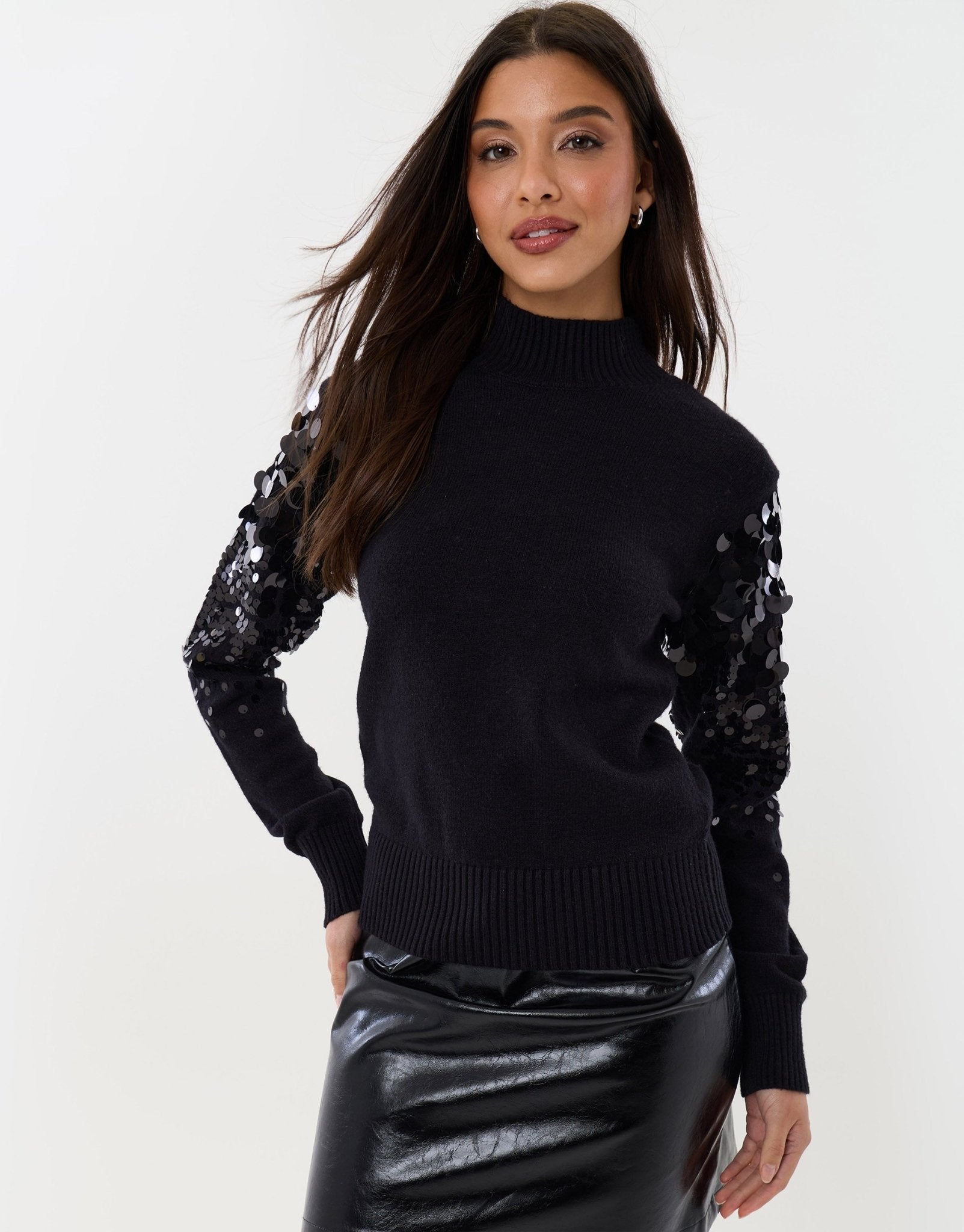 Funnel Neck Jumper with Sequin Sleeves in Black