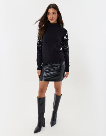 Threadbare Funnel Neck Jumper with Sequin Sleeves in Black - full view