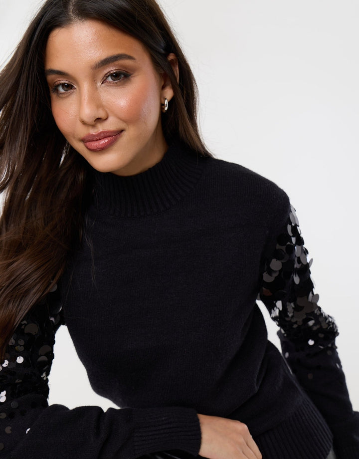 Funnel Neck Jumper with Sequin Sleeves in Black