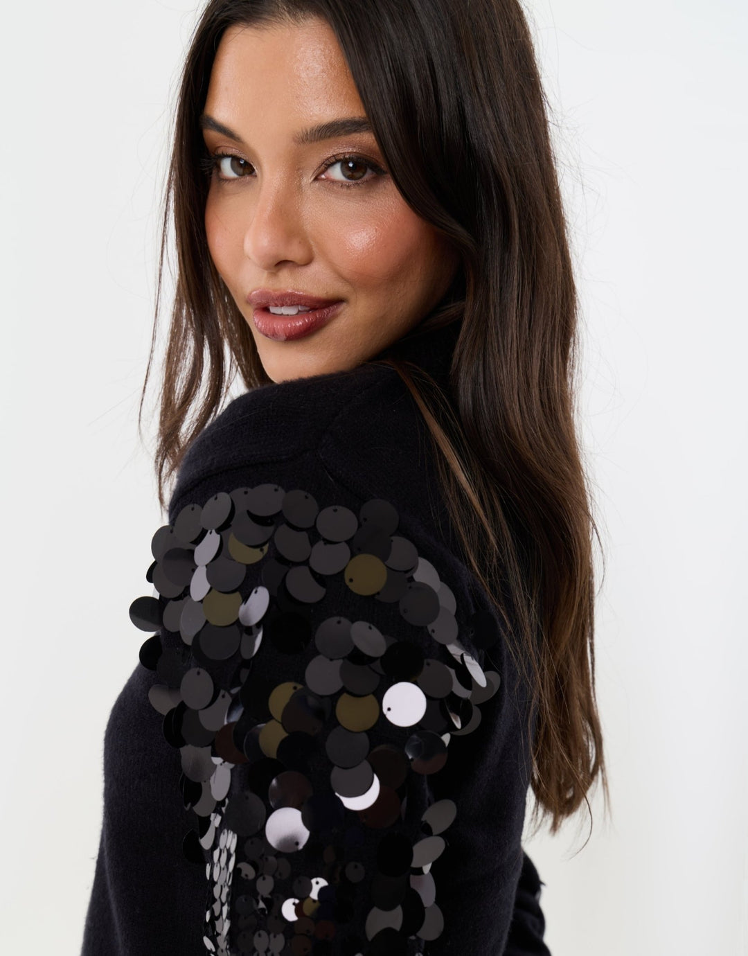 Funnel Neck Jumper with Sequin Sleeves in Black