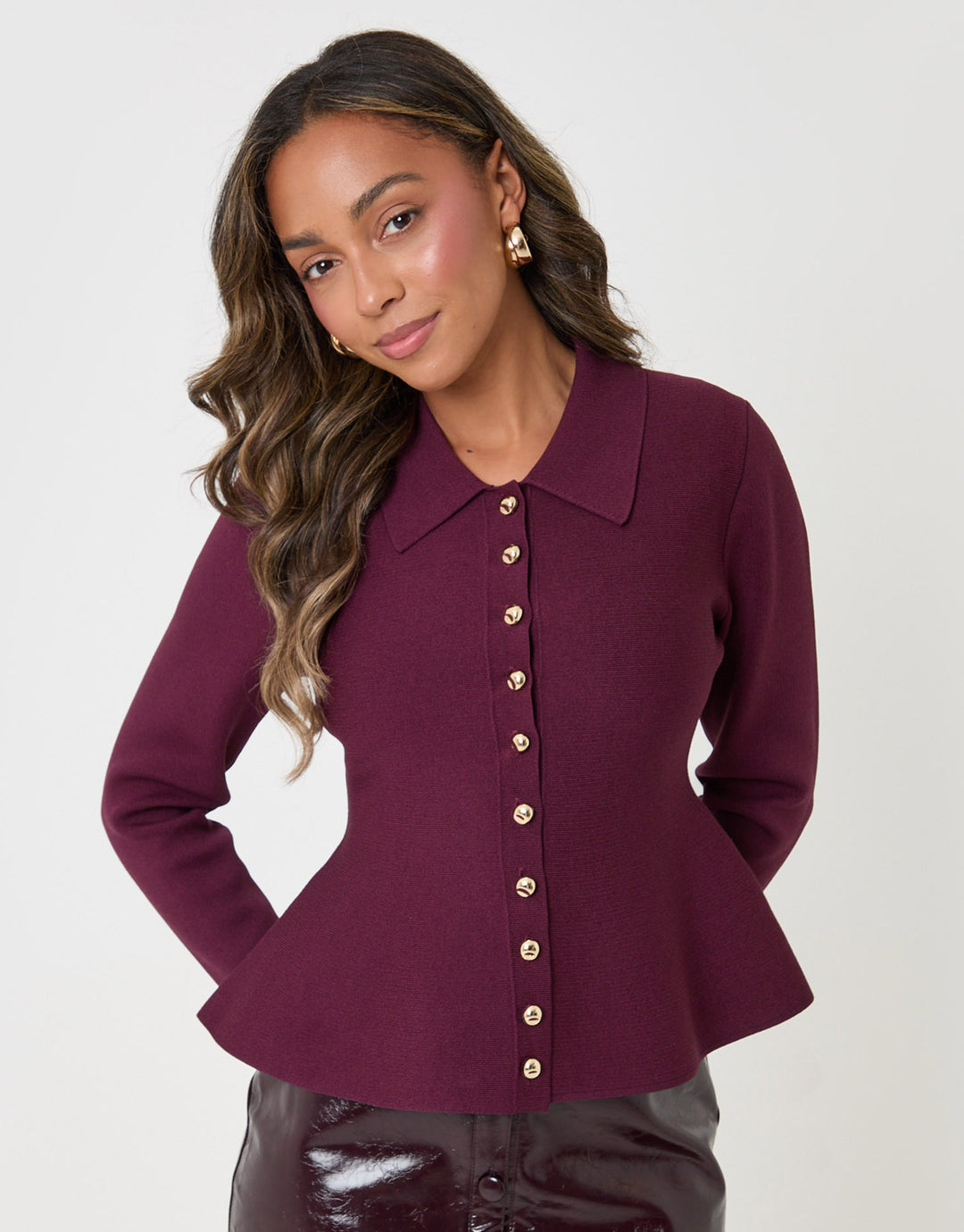 Threadbare Compact Knit Peplum Cardigan in Plum - front view