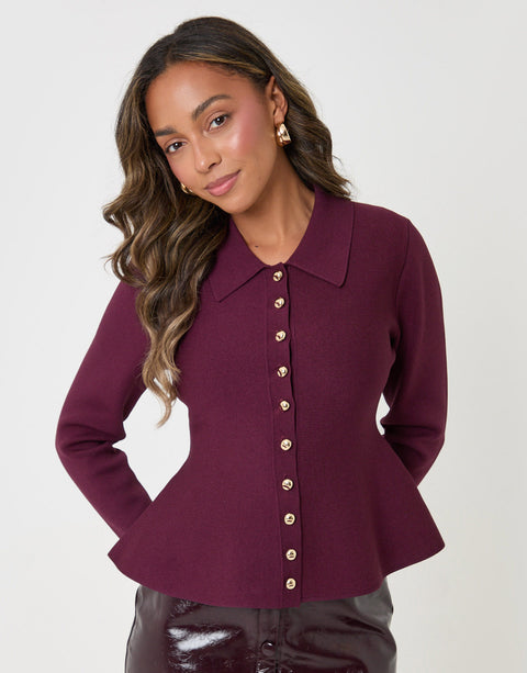 Threadbare Compact Knit Peplum Cardigan in Plum - front view