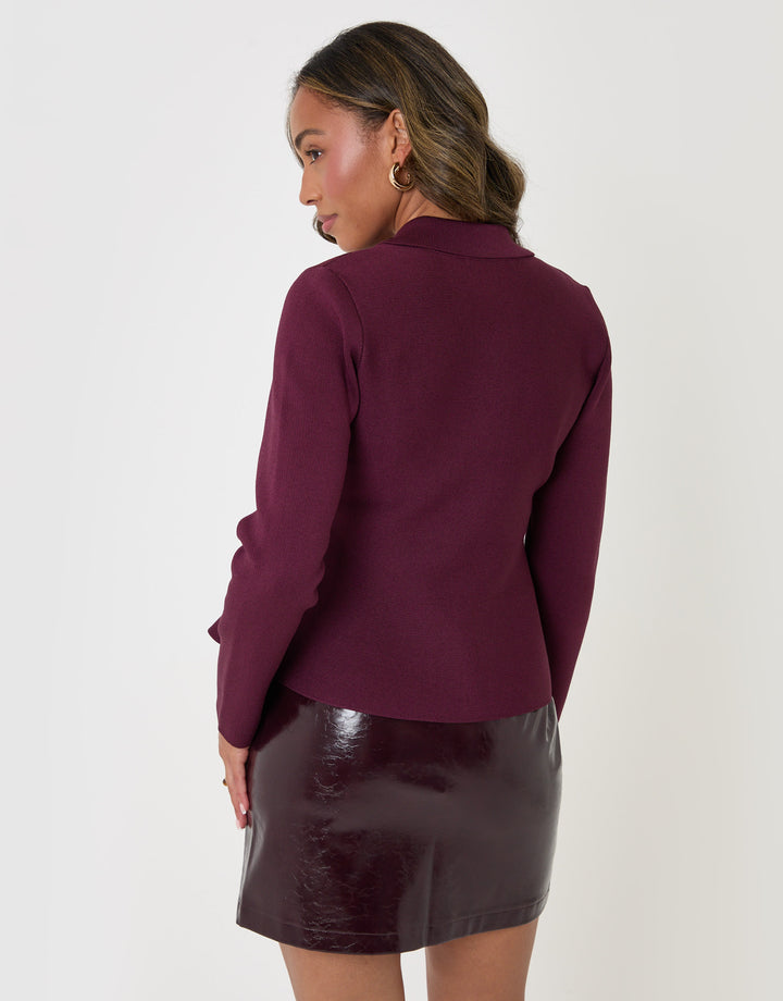 Threadbare Compact Knit Peplum Cardigan in Plum - back view