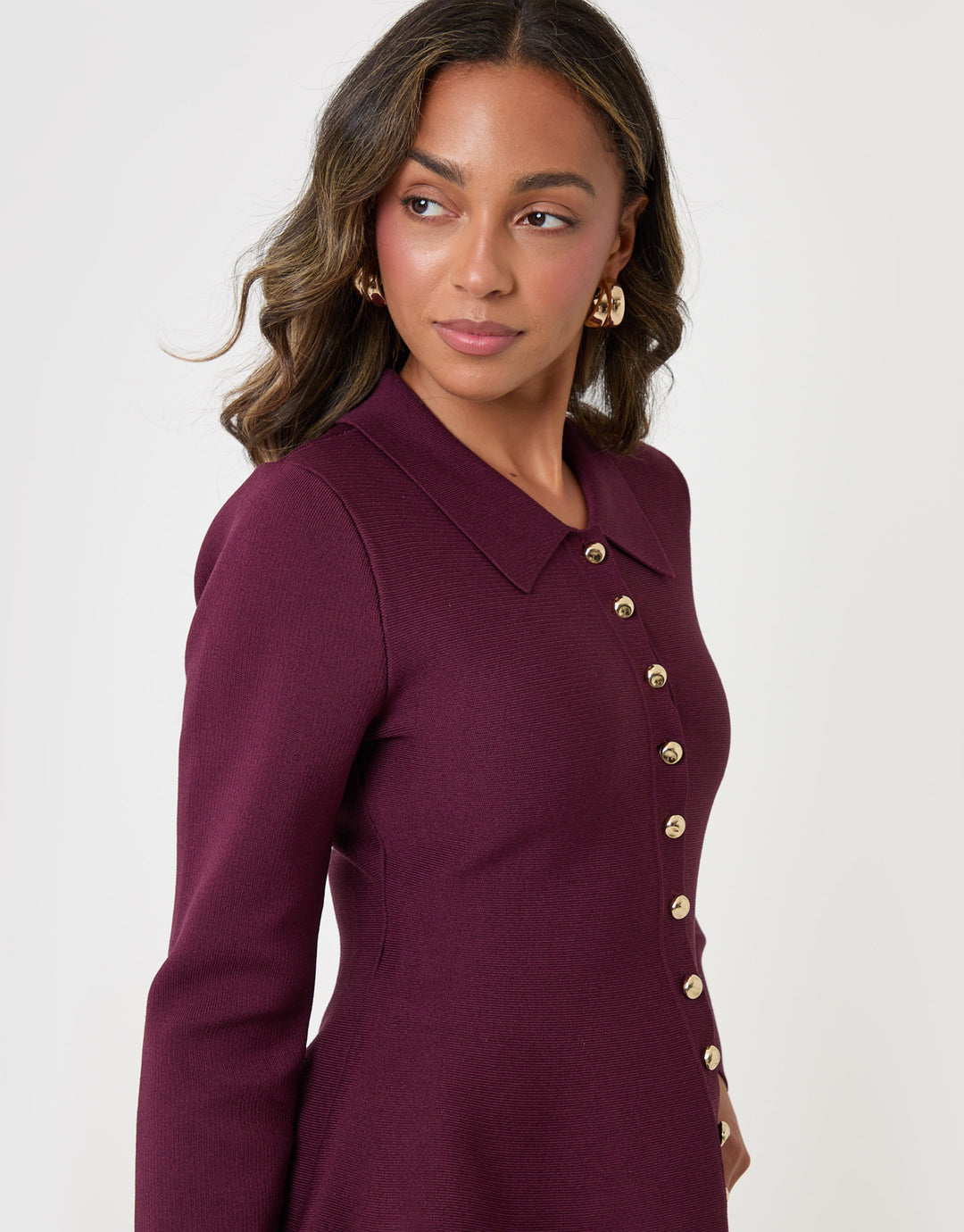 Threadbare Compact Knit Peplum Cardigan in Plum - close up