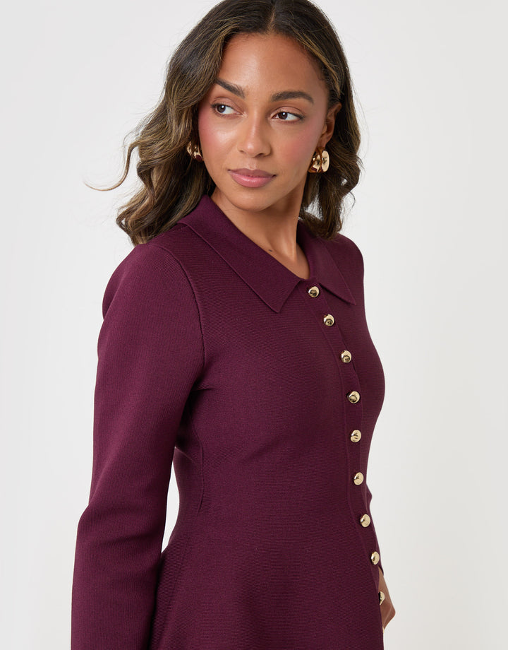 Threadbare Compact Knit Peplum Cardigan in Plum - close up
