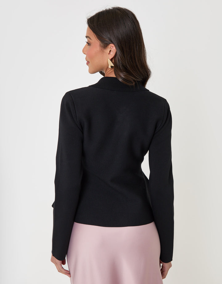 Threadbare Compact Knit Peplum Cardigan in Black - back view