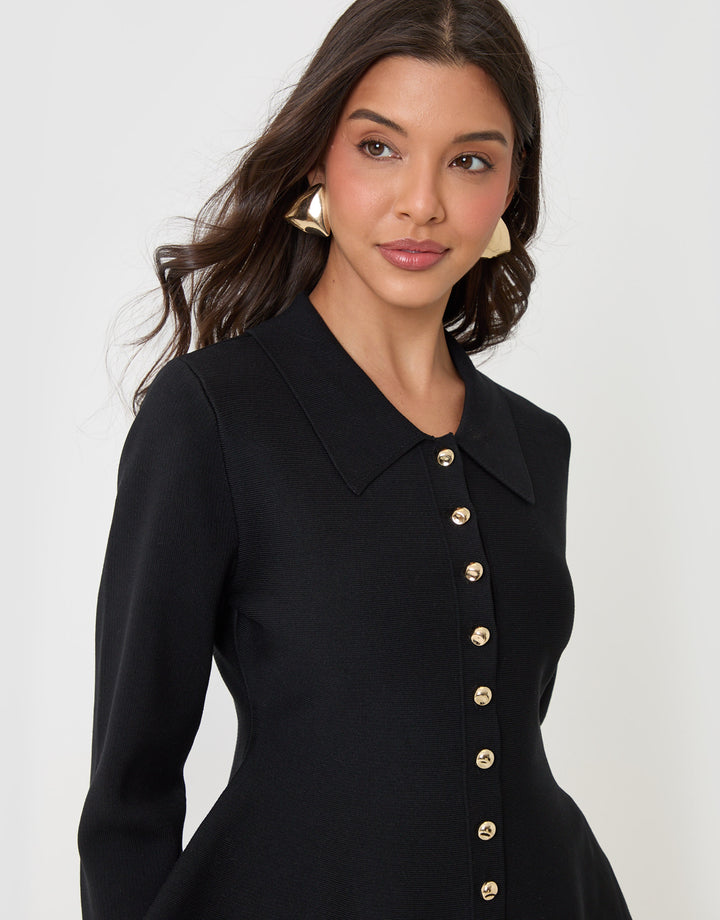 Threadbare Compact Knit Peplum Cardigan in Black - close up