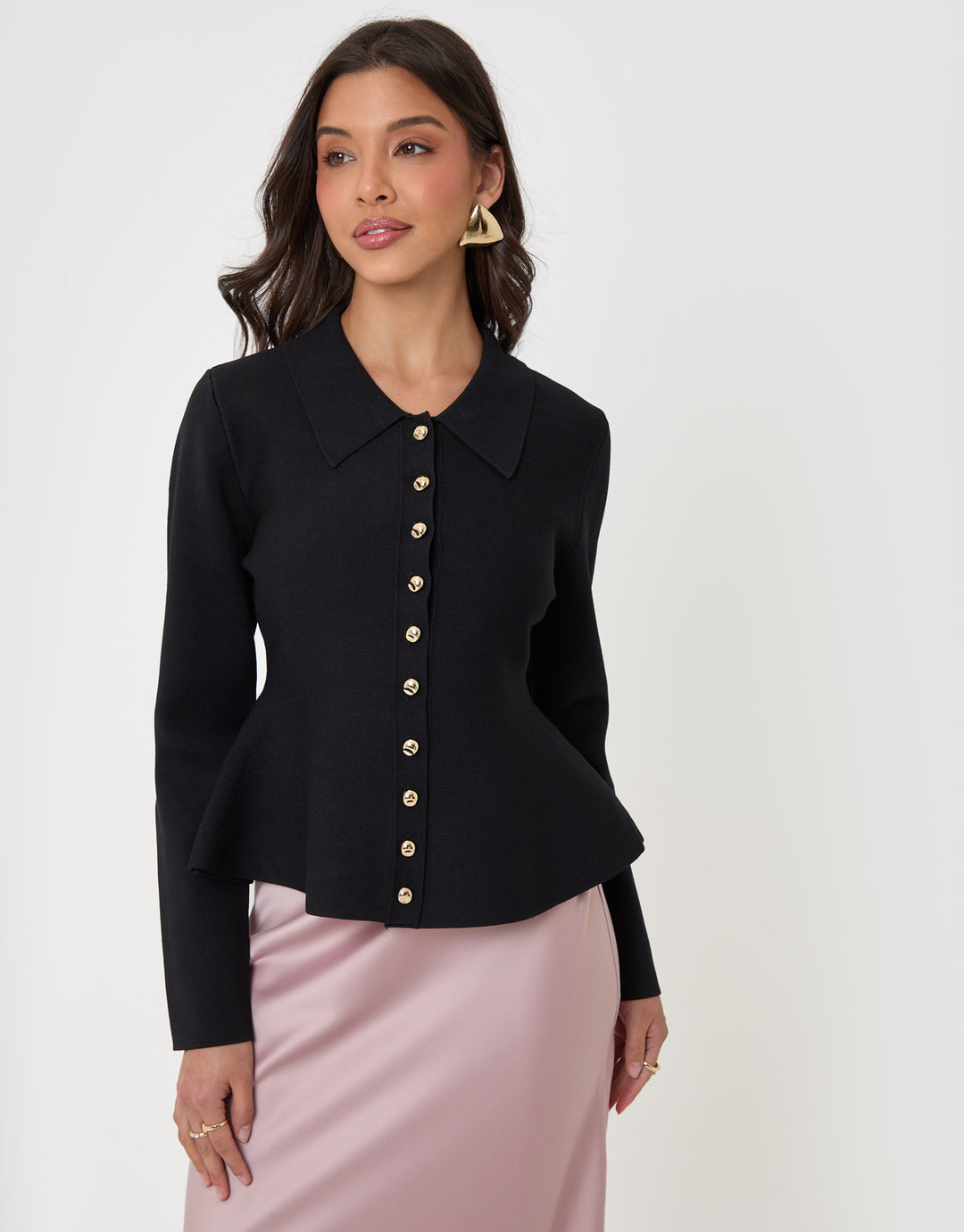 Threadbare Compact Knit Peplum Cardigan in Black - front view