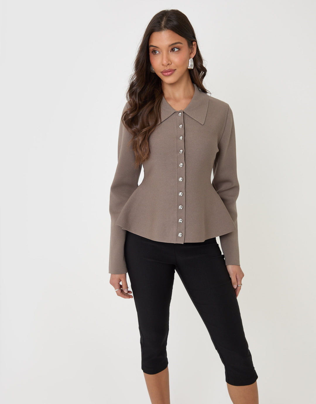 Threadbare Compact Knit Peplum Cardigan in Mink Brown - front view