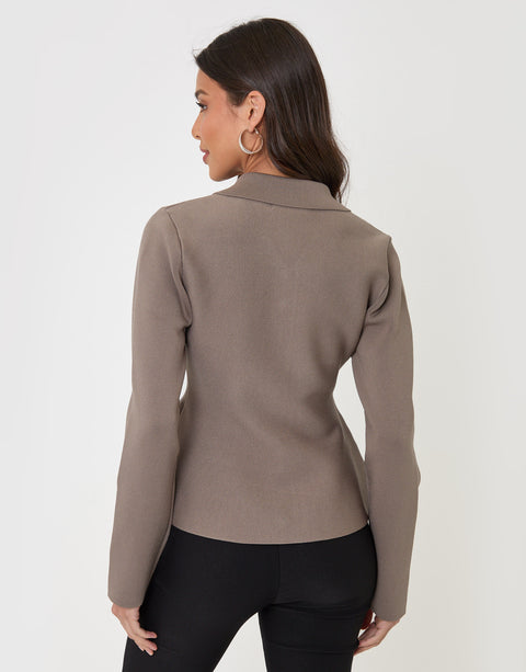 Threadbare Compact Knit Peplum Cardigan in Mink Brown - back view