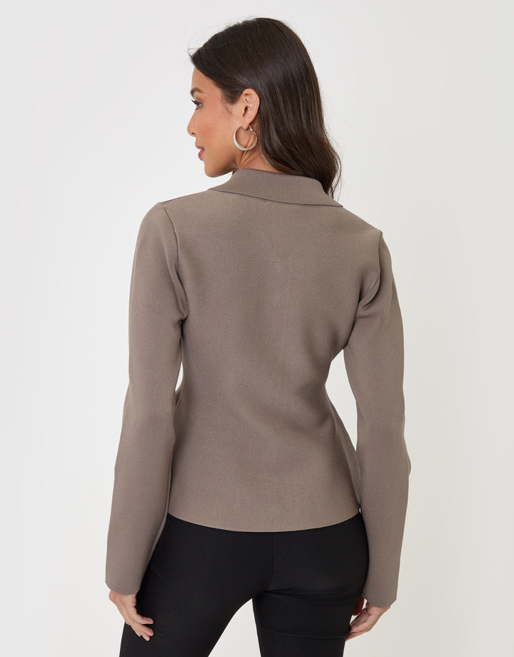 Threadbare Compact Knit Peplum Cardigan in Mink Brown - back view