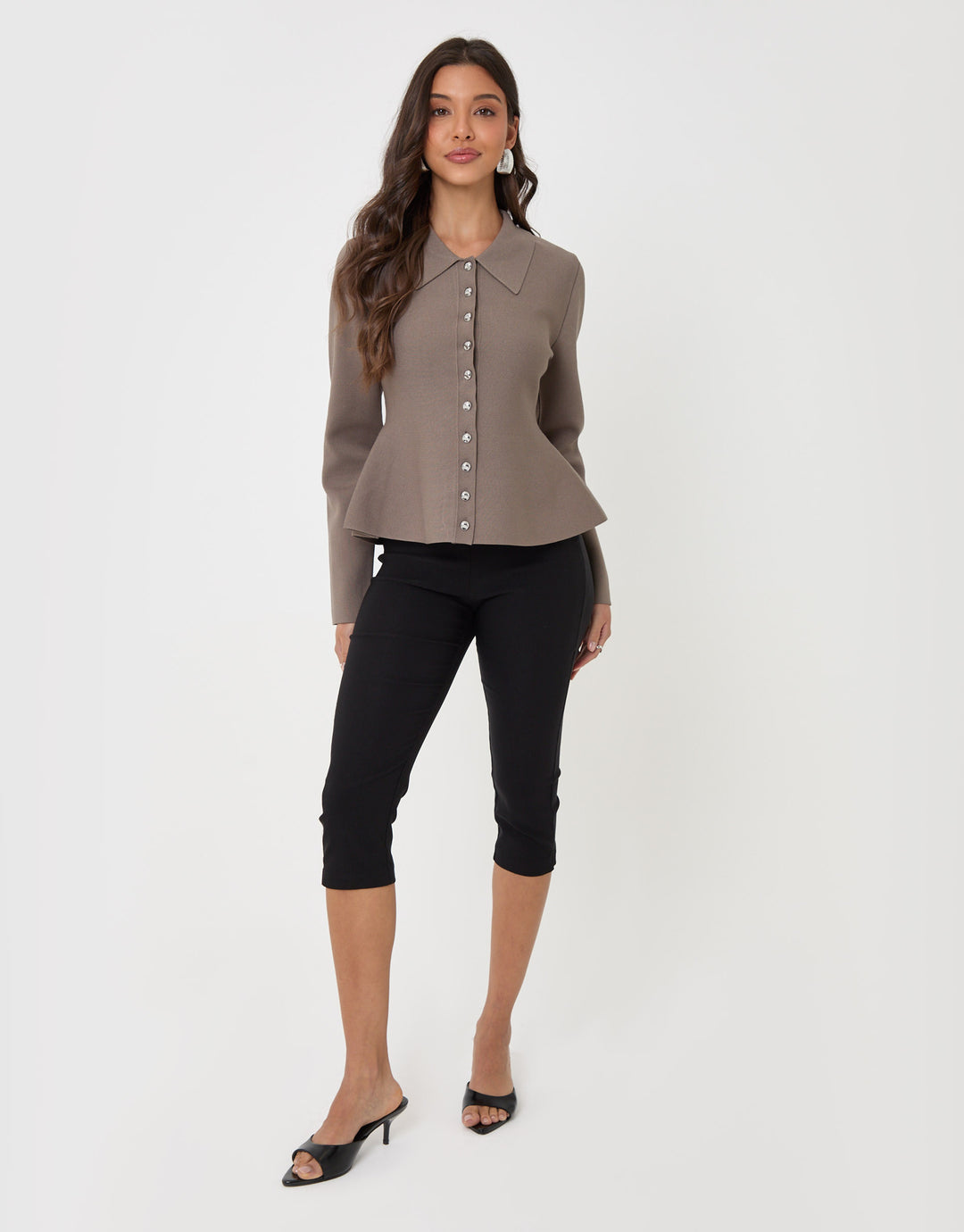 Threadbare Compact Knit Peplum Cardigan in Mink Brown - full body