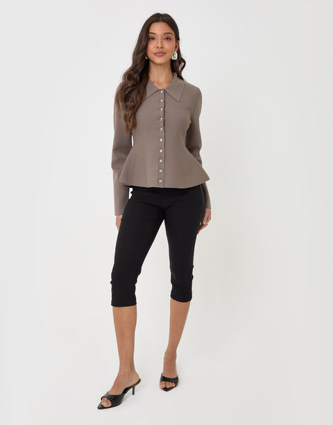 Threadbare Compact Knit Peplum Cardigan in Mink Brown - full body