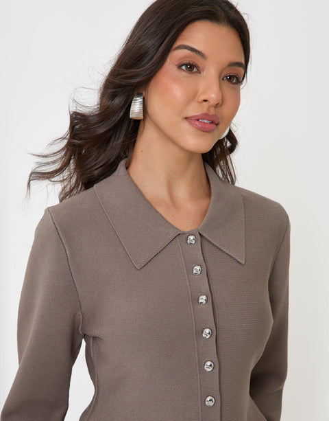 Threadbare Compact Knit Peplum Cardigan in Mink Brown - close up