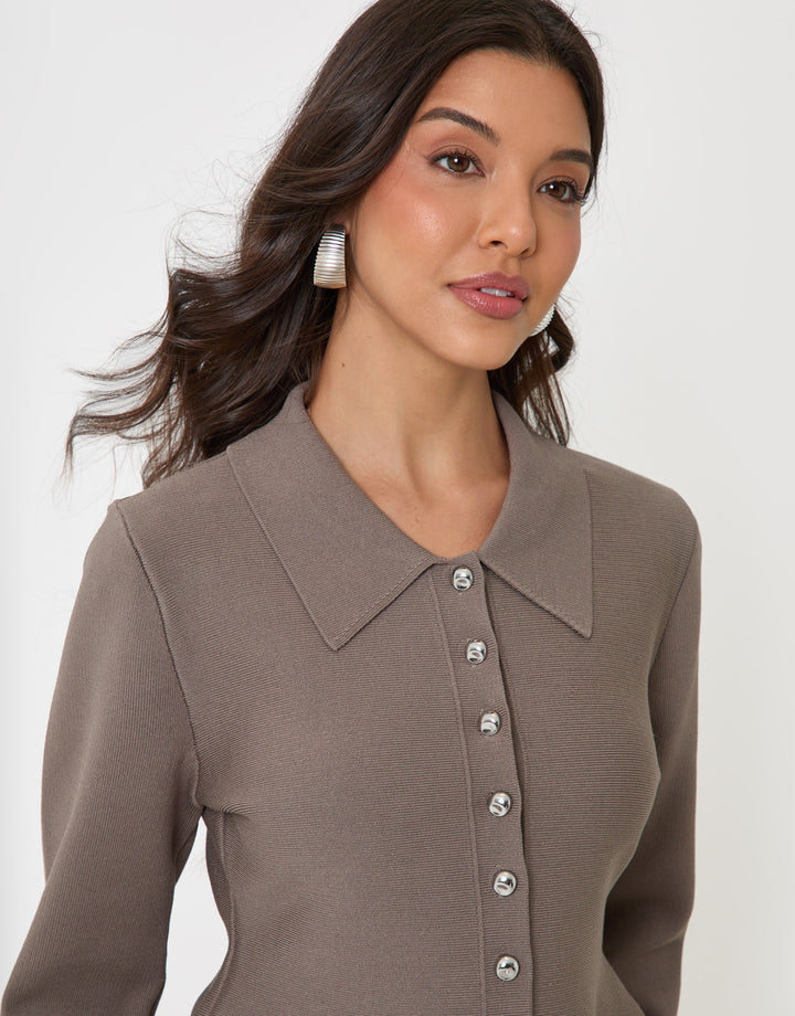 Threadbare Compact Knit Peplum Cardigan in Mink Brown - close up