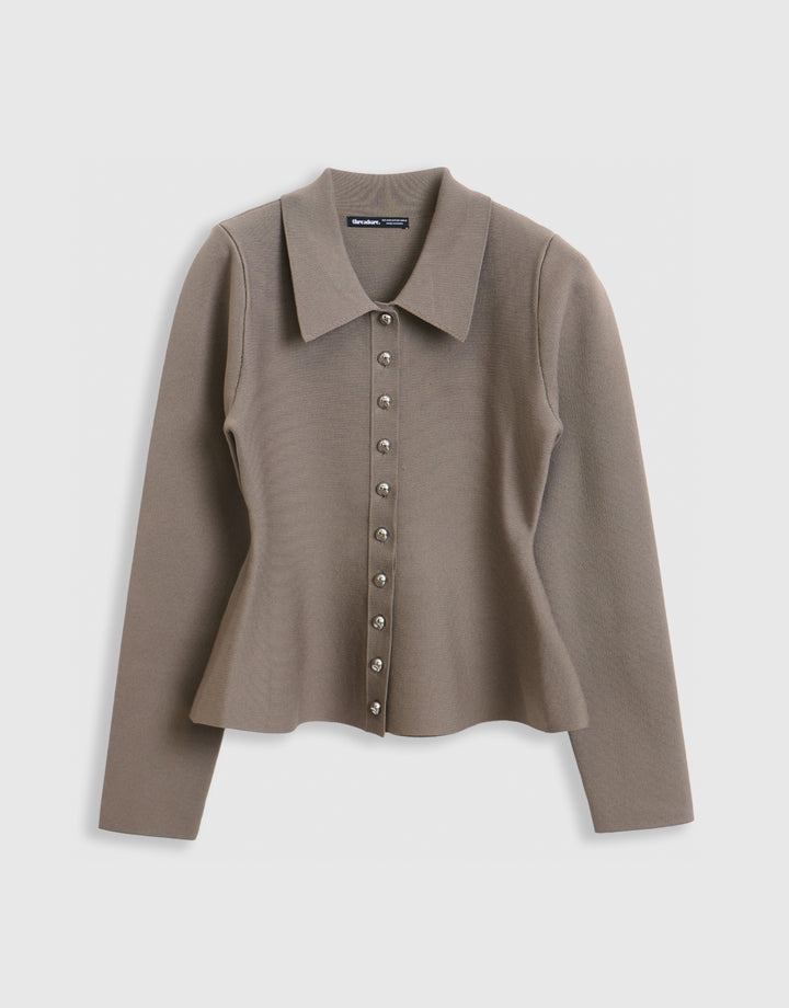 Compact Knit Peplum Cardigan in Mink Brown