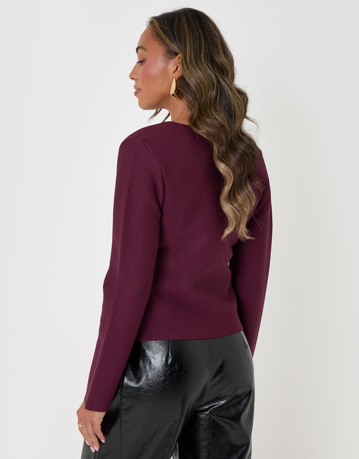 Threadbare Gold Button V-Neck Cardigan in Plum - back view