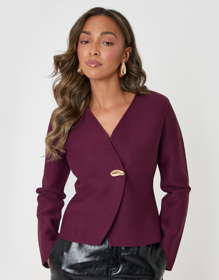 Threadbare Gold Button V-Neck Cardigan in Plum - front view