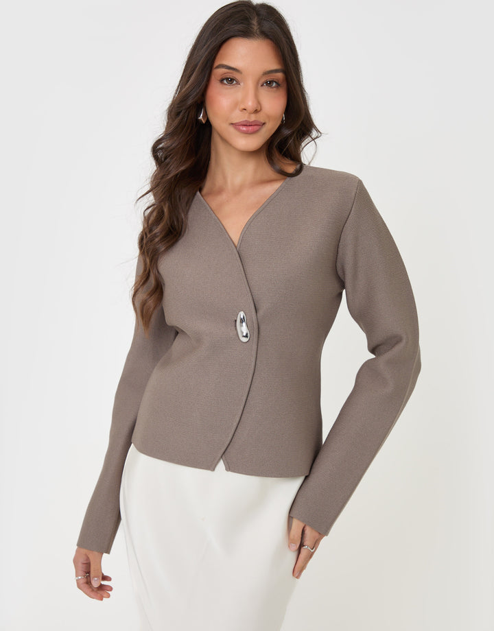 Threadbare Gold Button V-Neck Cardigan in Mink Brown - front view