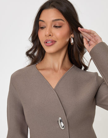 Threadbare Gold Button V-Neck Cardigan in Mink Brown - detail pose