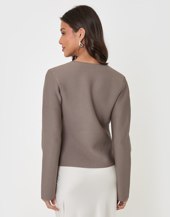 Threadbare Gold Button V-Neck Cardigan in Mink Brown - back view