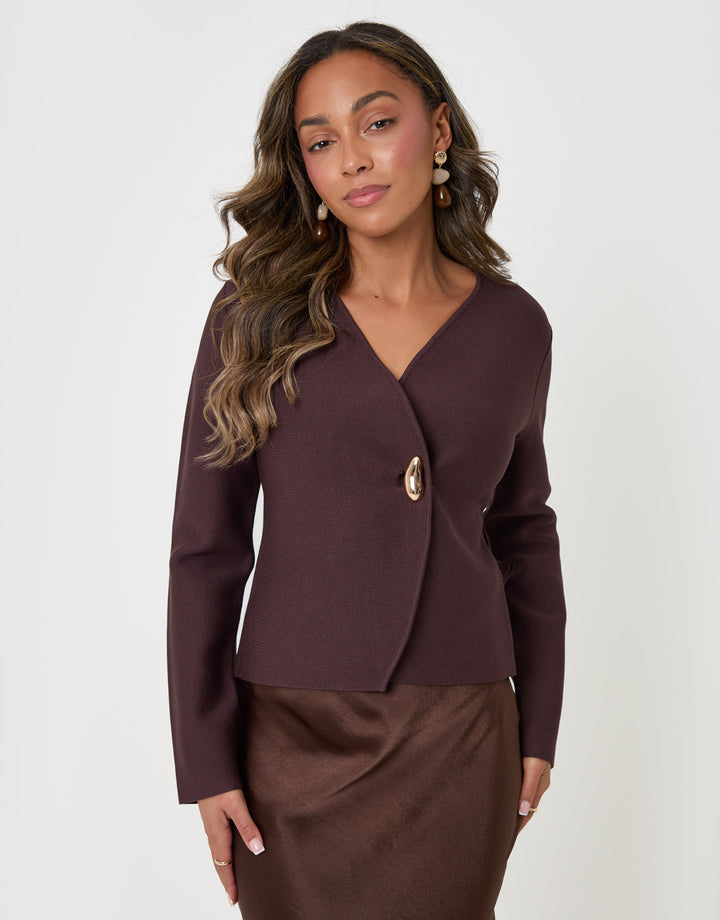 Threadbare Gold Button V-Neck Cardigan in Chocolate Brown - front view