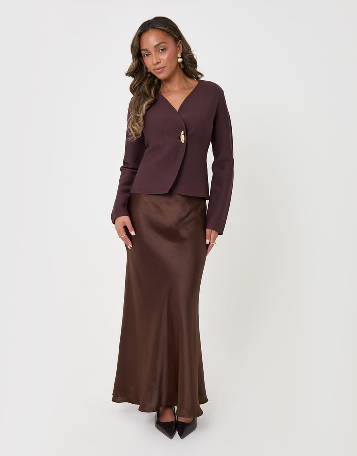Threadbare Gold Button V-Neck Cardigan in Chocolate Brown - full body