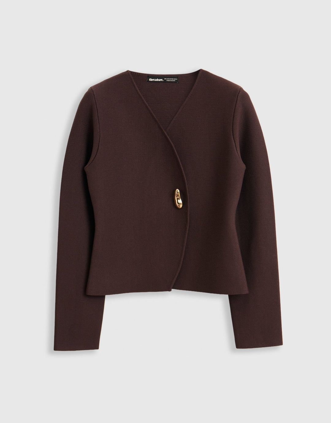 Threadbare Gold Button V-Neck Cardigan in Chocolate Brown - mannequin image