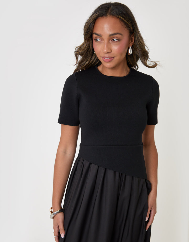 Threadbare 2 in 1 Satin Knit Midaxi Dress in Black - close up