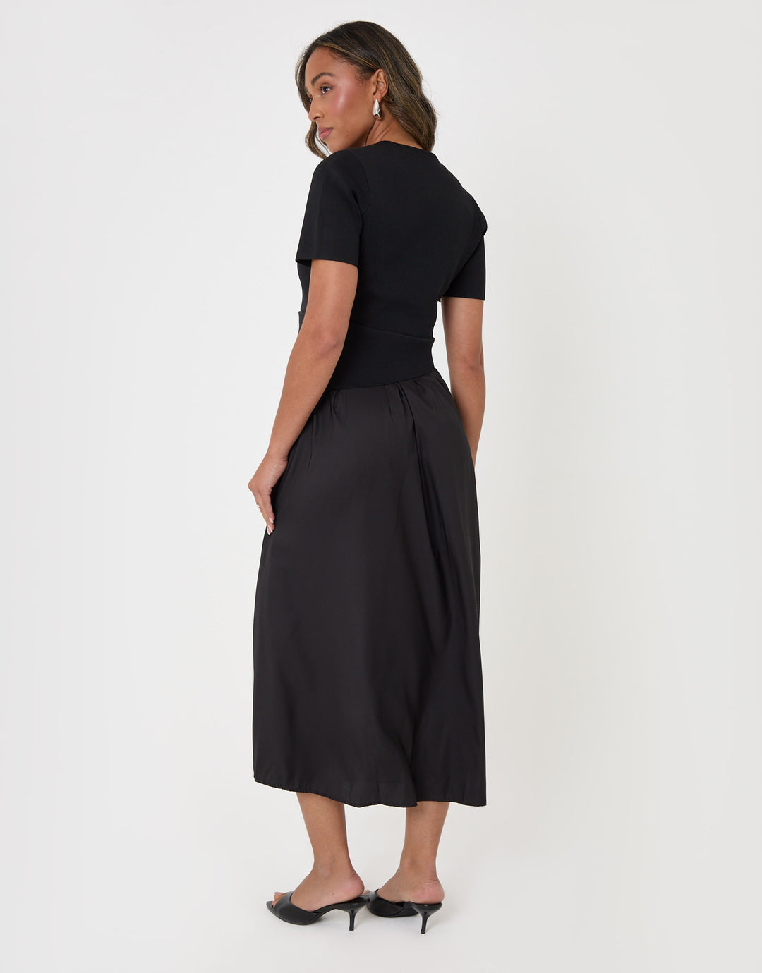 Threadbare 2 in 1 Satin Knit Midaxi Dress in Black - back view