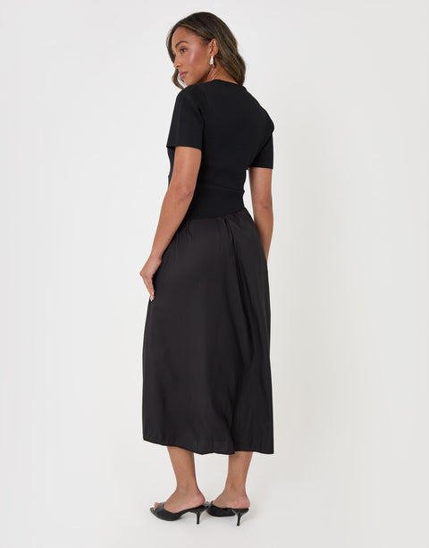 Threadbare 2 in 1 Satin Knit Midaxi Dress in Black - back view