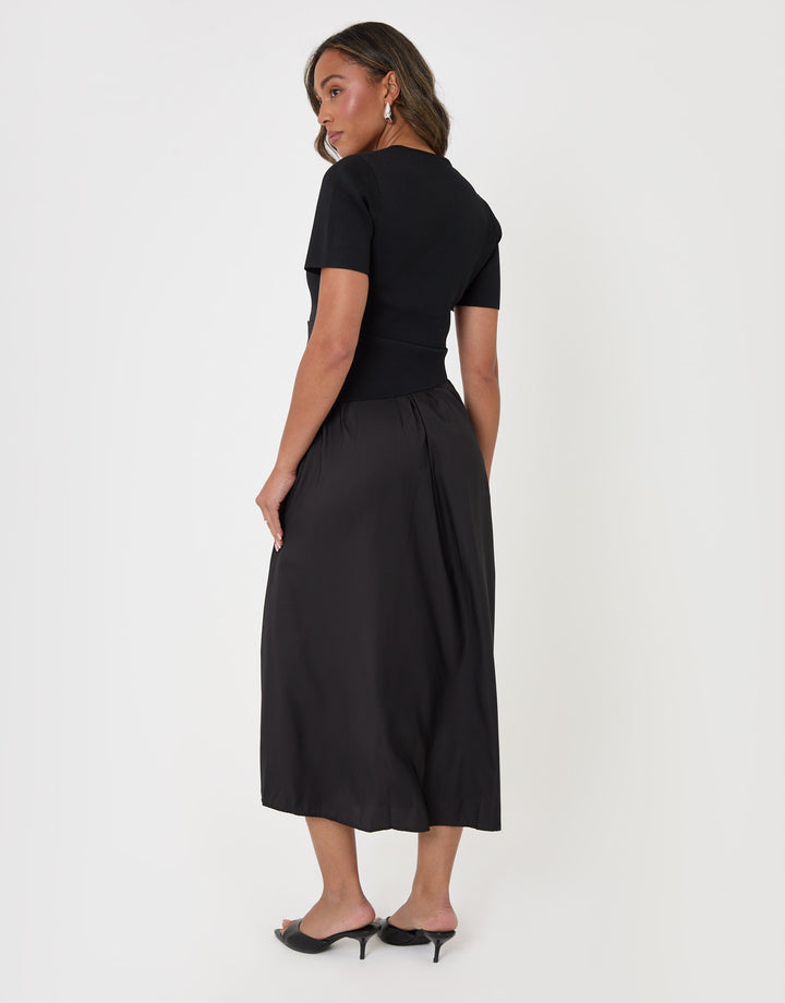 Threadbare 2 in 1 Satin Knit Midaxi Dress in Black - back view