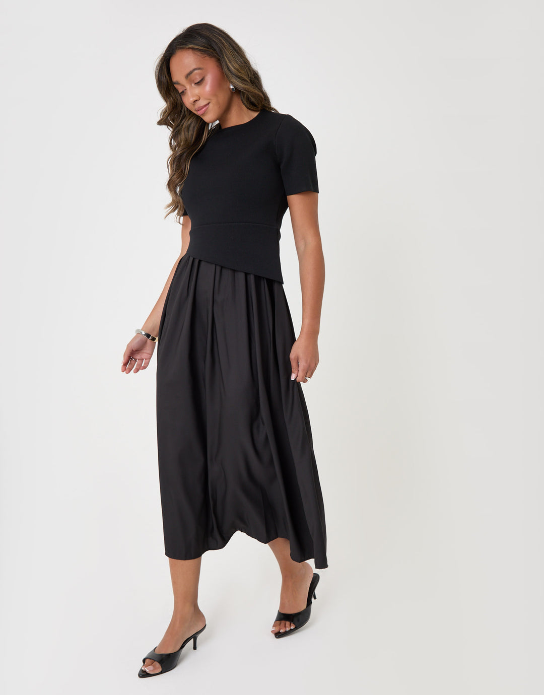 Threadbare 2 in 1 Satin Knit Midaxi Dress in Black - full body